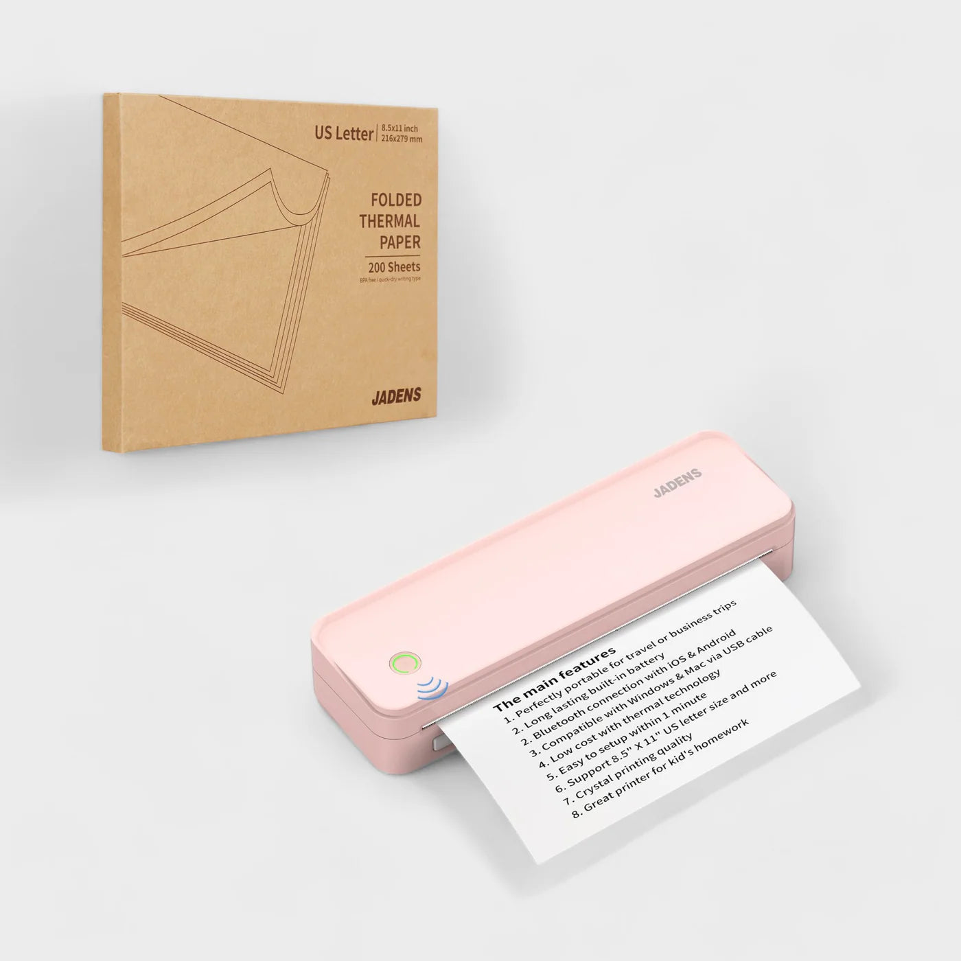 Pink Letter Size Printer bundle with 200 sheets US Letter Folded Thermal paper