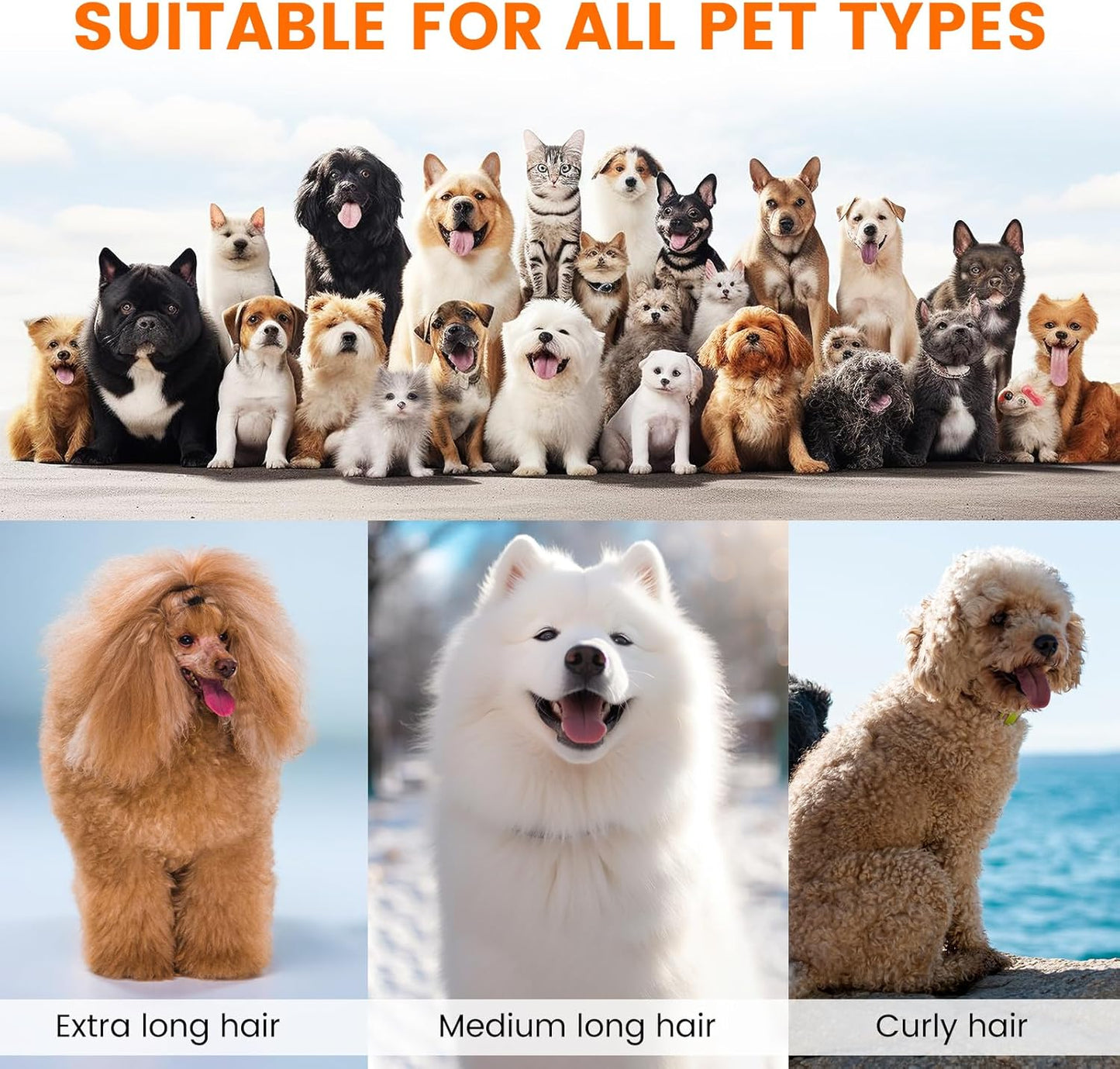 Comprehensive pet grooming tool designed for comfortable and efficient dog and cat hair removal, suitable for all pet types
