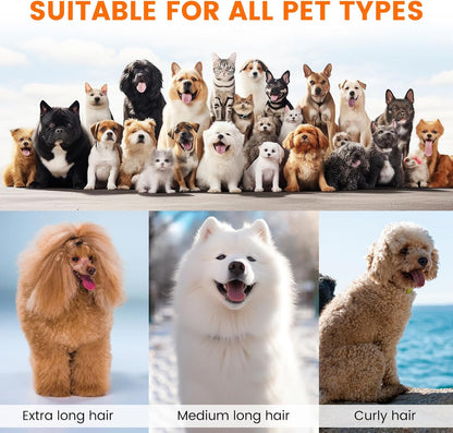 Comprehensive pet grooming tool designed for comfortable and efficient dog and cat hair removal, suitable for all pet types